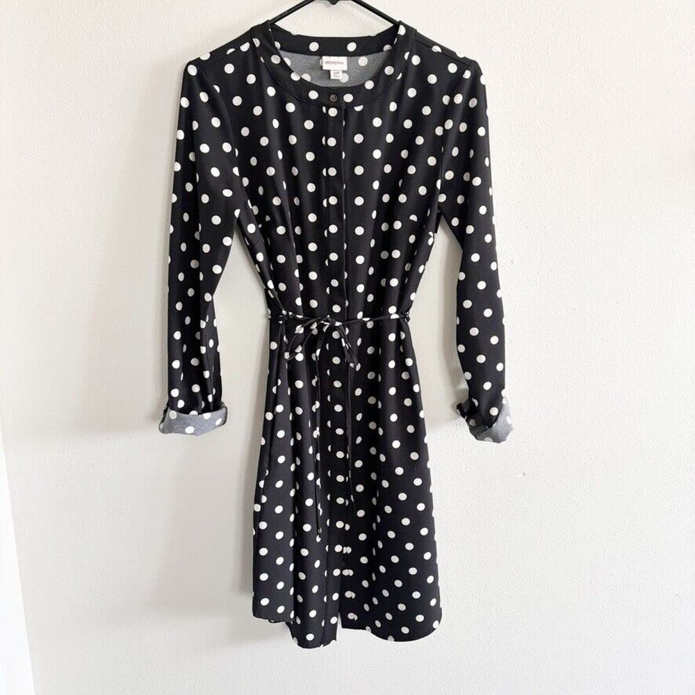 B&W Polkadot Sz S Long Sleeve Collarless Shirt Dress Timeless Classic Old Money